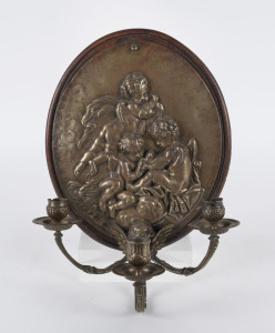 A cherub plaque three branch wall sconce, 19th century, 38cm high
