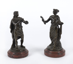 A pair of French bronze classical statues on rouge marble bases, 19th century, 17cm high