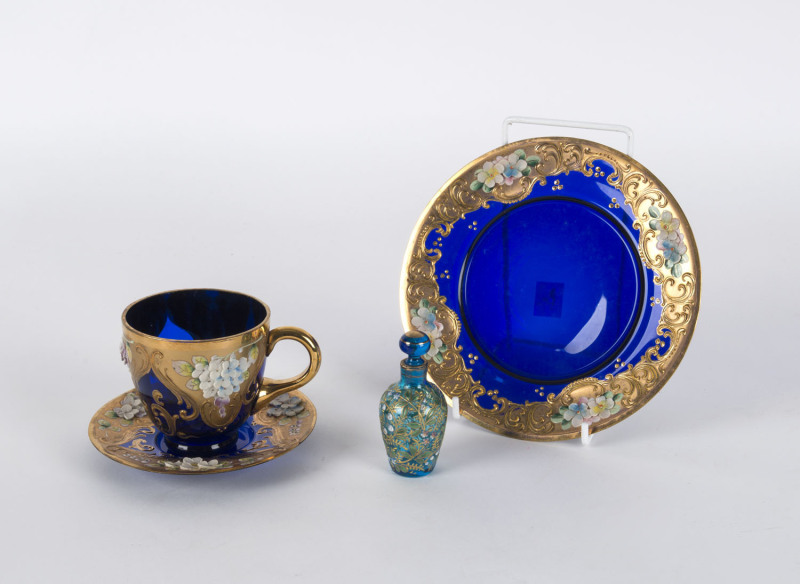 Bohemian glass scent bottle, 19th century; together with an Italian blue glass teacup, saucer and plate, 20th century, ​the bottle 8cm high