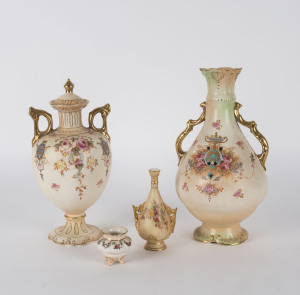 Two Royal Worcester miniature porcelain vases together with two Crown Devon mantel vases, late 19th and early 20th century, factory backstamps, ​the tallest 26cm high