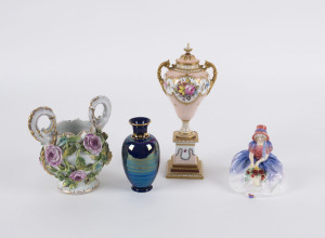 Royal Crown Derby porcelain urn, Royal Doulton "Monica" porcelain figure, German floral porcelain vase and an Australian studio pottery vase, 19th and 20th century, the tallest 22cm high