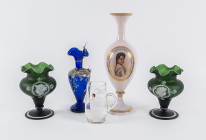 Mary Gregory glass tankard, Bohemian pink glass portrait vase, pair of English green glass portrait vases and a Bristol blue glass jug, 19th century, (5 items), Bohemian vase 36cm high