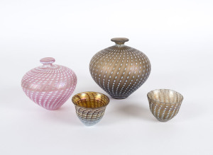 KOSTA BODA, two Swedish art glass vases and a pair of glass cups, (4 items), the largest 14cm high