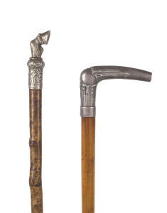 Two walking sticks, Malacca cane shafts with sterling and plated silver tops, 19th century, 90cm and 81cm high