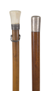 Two walking sticks with malacca cane shafts, one with silver top, the other with silver and whale bone, 19th century, 87cm and 85cm high