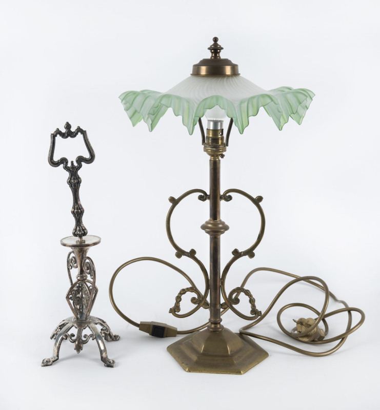 An antique brass and glass lamp together with a silver plated comport stand (missing glass), late 19th and early 20th century, ​the lamp 45cm high