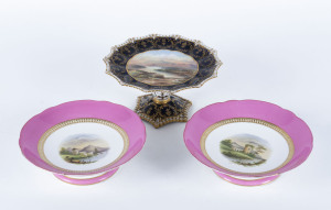 Three English porcelain comports with hand-painted landscape scenes, 19th and early 20th century, one stamped "Aynsley Loch Cullin", the tallest 11cm high