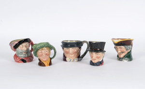 Five Royal Doulton character jugs including Dick Turpin, Falstaff, John Peel, 'arriet, and Tony Weller, all with Doulton backstamps and titles, the tallest 9cm high