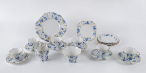 ROYAL ALBERT 15 piece tea set with blue floral pattern, circa 1930s, stamped "Royal Albert, Crown China, England", the serving plate 25cm across