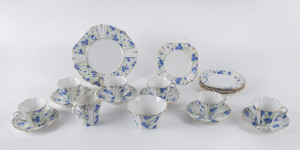 ROYAL ALBERT 15 piece tea set with blue floral pattern, circa 1930s, stamped "Royal Albert, Crown China, England", ​the serving plate 25cm across