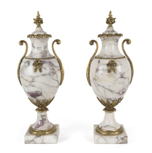 A pair of French mantel urns, marble with ormolu mounts, mid 19th century, 47cm high
