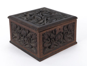 An English Art Nouveau box, carved oak, circa 1895, 14cm high, 23cm wide, 23cm deep