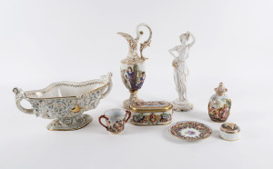 CAPODIMONTE Italian porcelain urn, ewer, vase, statue, boxes (2) and cup and saucer, 20th century, (8 items), 36cm high