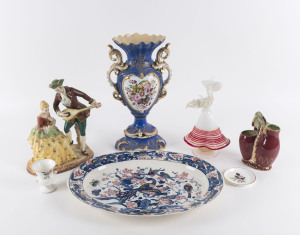 An Italian porcelain urn and statue, a Murano glass figure, a meat platter, palm tree vase and Wedgwood miniature urn and dish, 20th century, (7 items), the urn 40cm high