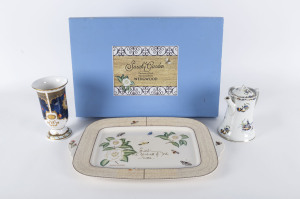 WEDGWOOD "Sarah's Garden" porcelain serving platter (boxed), together with a ROYAL WORCESTER Millennium vase and a JOHN MADDOCK & SONS English porcelain teapot, (3 items), the platter 50cm across