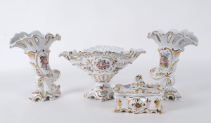 An Italian porcelain box and three piece mantel garniture, mid 20th century, (4 items), the tallest 27cm high