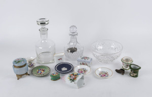 Collection of assorted decanters, crystal bowl, porcelain dishes, vases, jug, boxes etc., 19th and 20th century, (16 items), 27cm high