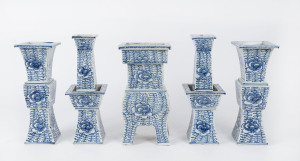 A set of five Chinese blue and white porcelain temple vessels, late Qing Dynasty, circa 1900, the tallest 29cm high