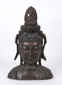 A Chinese Buddha bust, carved and polychrome timber, 20th century, 46cm high