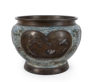 A Japanese jardiniere, bronze with cloisonne dragon motif, Meiji period, seal mark to base, 34cm wide, 45cm wide