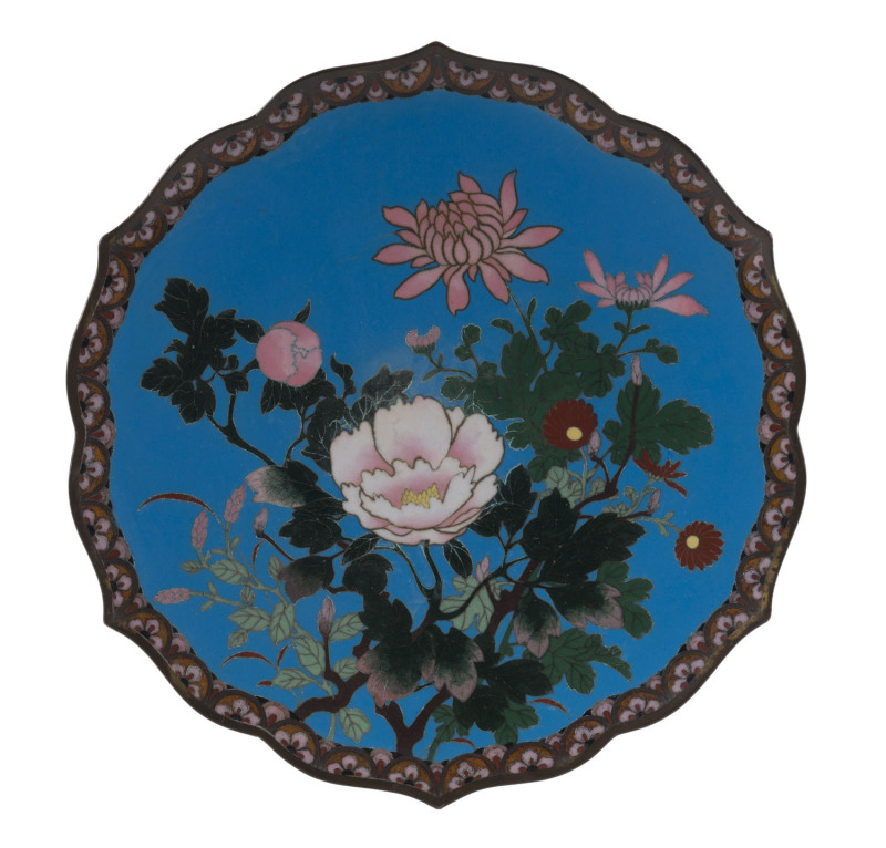 A Japanese cloisonne plaque with peony motif, Meiji period, late 19th century, ​31cm diameter