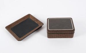 A Japanese lacquer and parquetry box and tray with engraved copper landscape scene panel, Meiji period, late 19th century, the tray 19 x 15cm