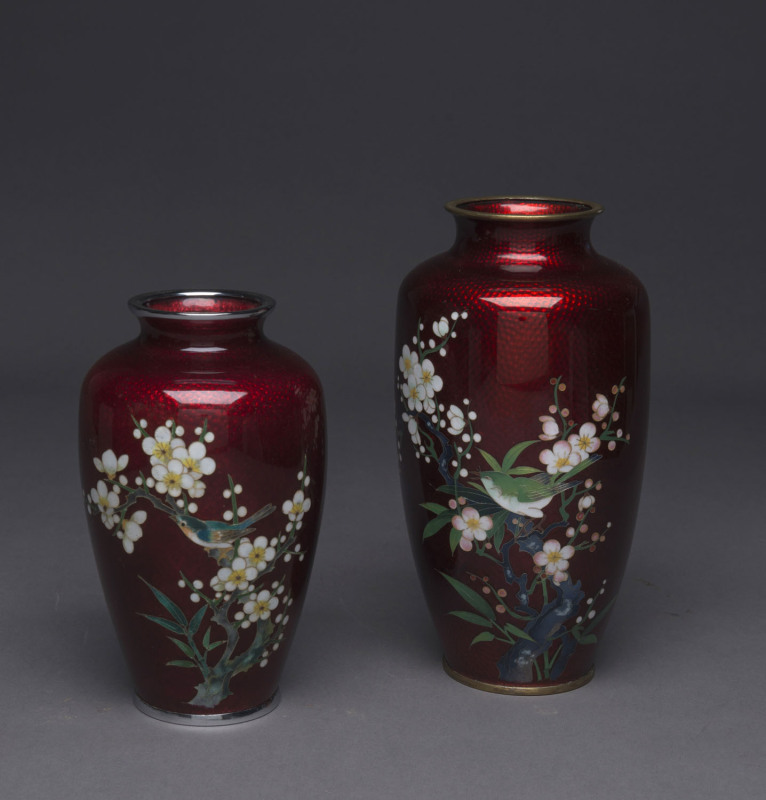 Two Japanese pigeon blood cloisonne vases, early to mid 20th century, ​19cm and 15cm high