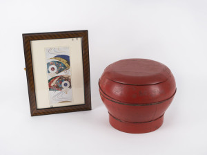 A Chinese red lacquered rice carrier together with a Japanese print, 20th century, the rice carrier 24cm high
