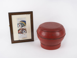 A Chinese red lacquered rice carrier together with a Japanese print, 20th century, ​the rice carrier 24cm high