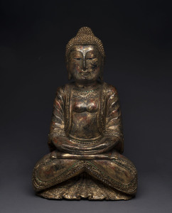 A seated Buddha statue, gilded and carved wood with mirrored mosaic, 20th century, 65cm high