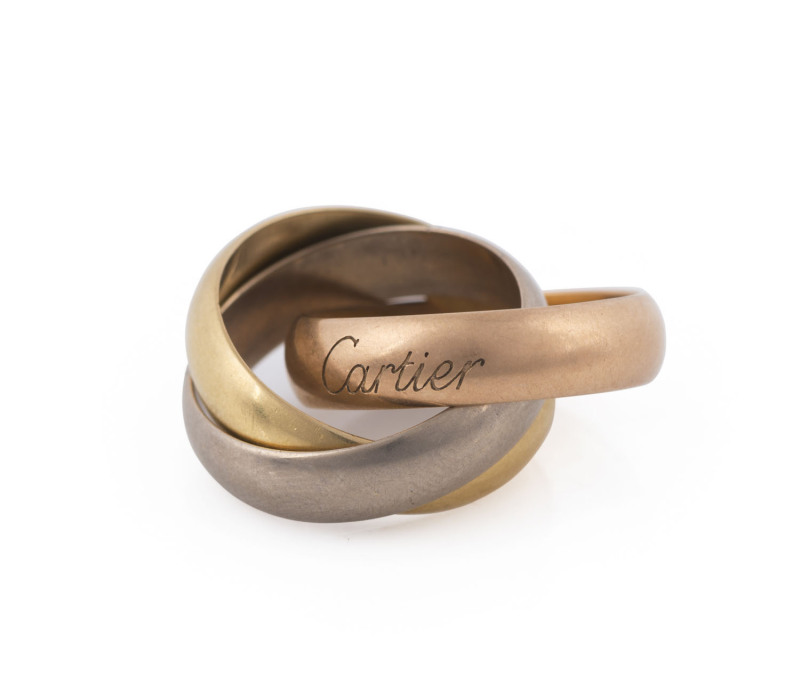 CARTIER Trinity Russian wedding ring in three coloured 18ct gold, stamped "CARTIER, 750, 49, SNOE, CZ3068", ​14.5 grams