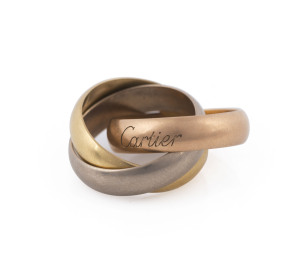 CARTIER Trinity Russian wedding ring in three coloured 18ct gold, stamped "CARTIER, 750, 49, SNOE, CZ3068", 14.5 grams