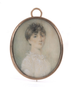 Antique brooch with miniature portrait of a woman, rose gold mount with braided hair panel back and monogram, early to mid 19th century, 4.5cm high