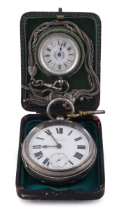 A ladies sterling silver pocket watch in box with silver fob chain; together with a gents English sterling silver cased pocket watch, 19th century