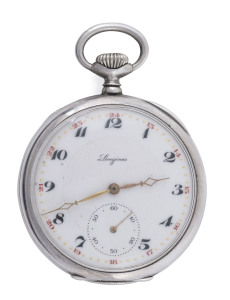LONGINES open face pocket watch in silver case with Arabic numerals, early 20th century, 6cm high