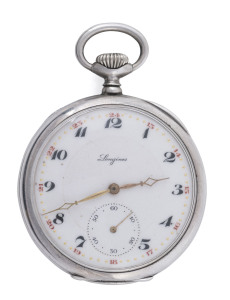 LONGINES open face pocket watch in silver case with Arabic numerals, early 20th century, ​6cm high