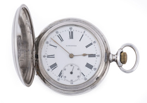 LONGINES full hunter pocket watch, silver case with Roman numerals, late 19th early 20th century, ​6cm high