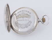 LONGINES full hunter pocket watch, silver case with Roman numerals, late 19th early 20th century, ​6cm high - 2