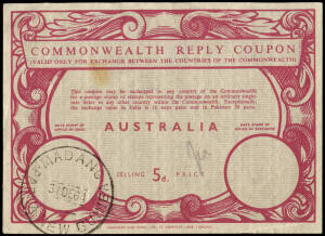 IMPERIAL REPLY COUPONS: group of Reply coupons all used in Tasmania around 1951, all 3d value bearing range of datestamps incl. Money Order Counter, Stamp Sales No.1 7 2, 7 violet boxed M.O.O. No.15.; also 1964 5d Commonwealth Reply Coupon used at Madang,