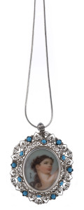 A hand-painted miniature portrait pendant in Continental silver mount set with turquoise, stamped 800, 4.5cm high