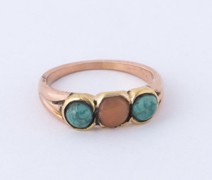 An antique rose gold ring set with coral and turquoise, 19th century,