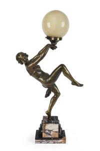 An Art Deco lamp of a dancing nude, gilt metal with spherical glass shade and marble base, circa 1930, 73cm high