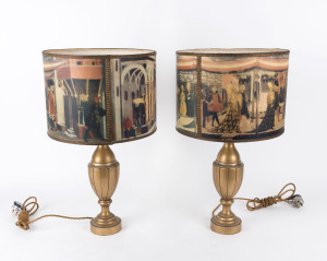 A pair of table lamps and shades, gilded timber with Renaissance scene shades, 20th century, 53cm high
