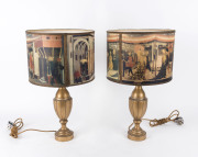 A pair of table lamps and shades, gilded timber with Renaissance scene shades, 20th century, ​53cm high
