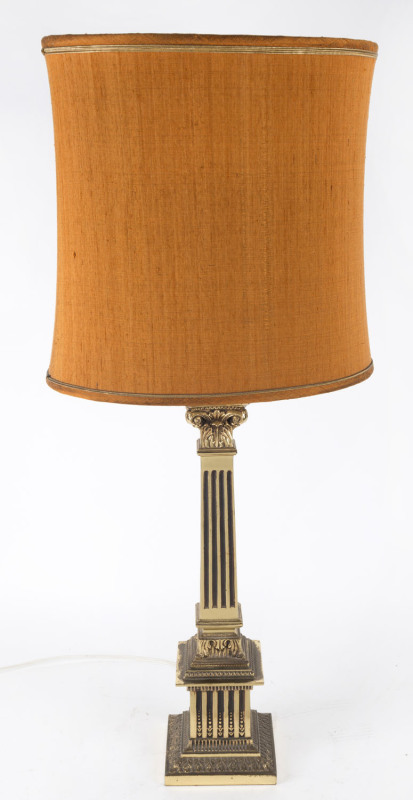 An Italian table lamp and shade with square Corinthian column brass base, circa 1950, ​94cm high