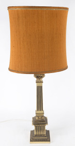 An Italian table lamp and shade with square Corinthian column brass base, circa 1950, 94cm high