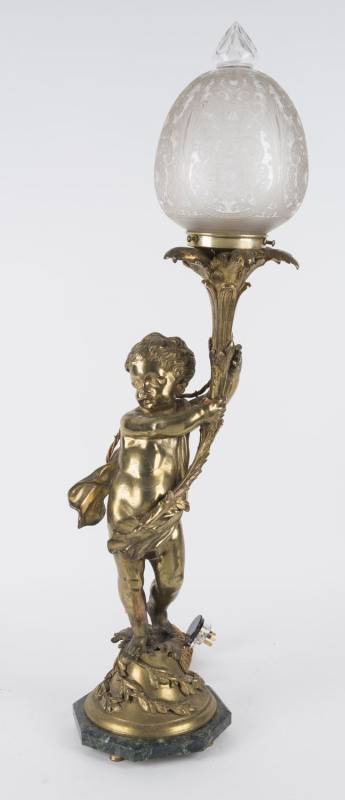 A French cherub figured lamp base, gilt bronze and vert marble, 19th century, ​81cm high including shade