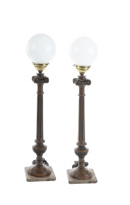A pair of tall Corinthian column table lamps, carved wood on marble base with milk glass shades, 20th century, 97cm high