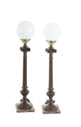 A pair of tall Corinthian column table lamps, carved wood on marble base with milk glass shades, 20th century, ​97cm high