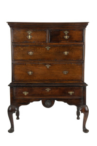 An 18th century English tallboy, oak and mahogany with Queen Anne legs, circa 1770, 142cm high, 103cm wide, 55cm deep